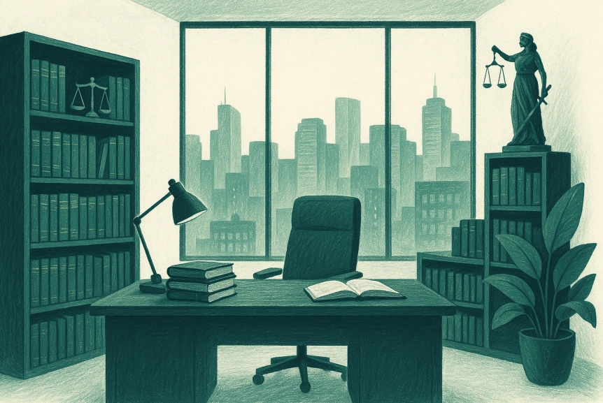 Modern legal office with books and city view